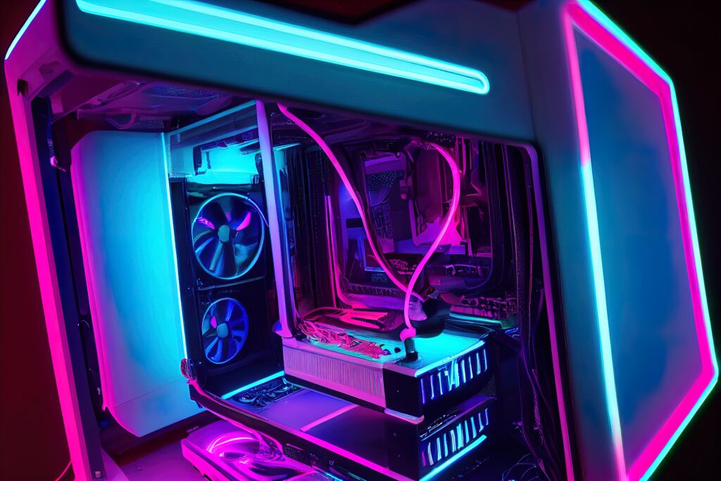 illustration of a gaming pc with neon led
